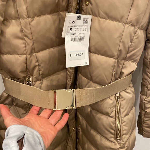 Zara water repellent faux hood puffer with belt SZ small nwt TAUPE/beige - Picture 3 of 9
